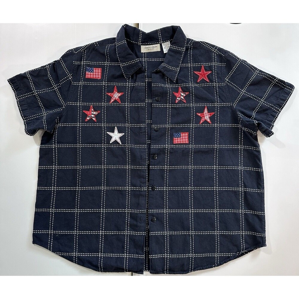 Vintage 90s USA Flag Star Shirt 22W Plus Size Button Up Americana Top Patriotics